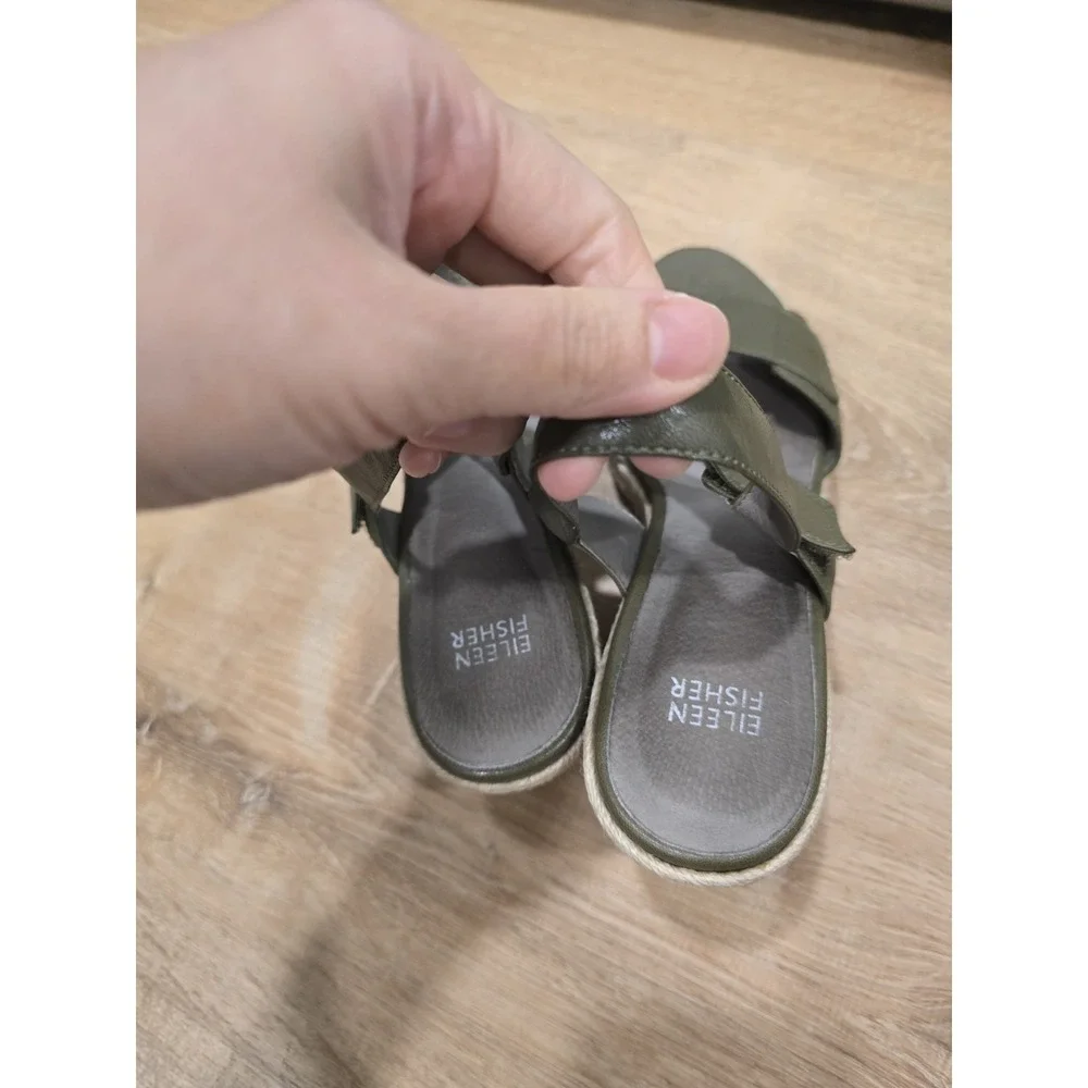 EILEEN FISHER Women's Size 8‎ Olive Green Leather Espadrille Wedge Sandals